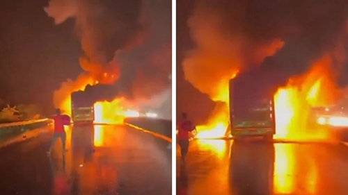 பைக் மீது ஆம்னி பேருந்து மோதி தீப்பிடித்தது…. 21 பேர் உடல் கருகி பலி